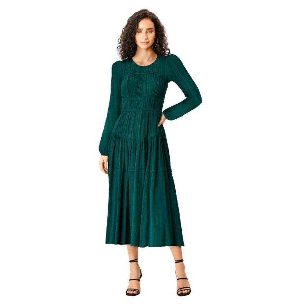eShakti Wayward Fancies Rayon Crinkle Corset Style Teal Long Sleeve Midi Dress L